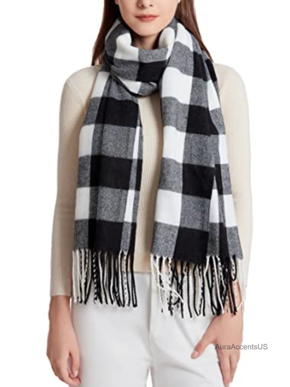 Oversized Plaid Shawl Wrap Scarf Fringed Winter Warm Cashmere Feel